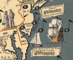 Illustrated map of New Jersey showing the three distinct folk music traditions from the state.