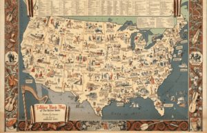 Illustrated map of the United States from 1945 showing different music types across the country by region or locations