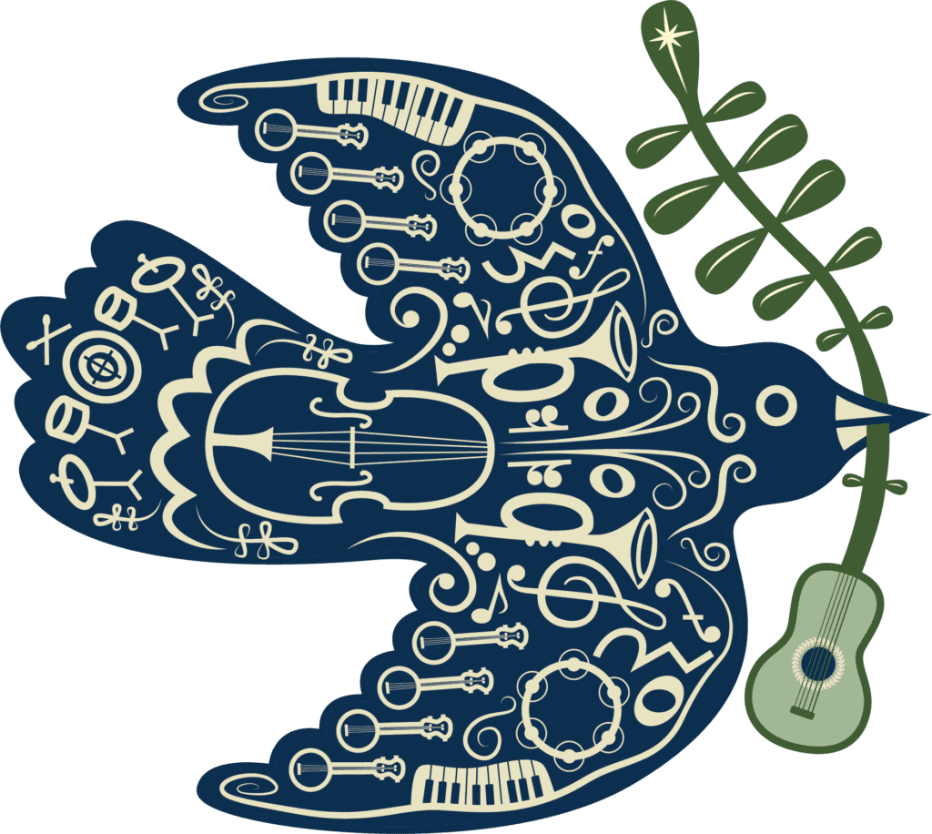 Illustrated Bird carrying a guitar
